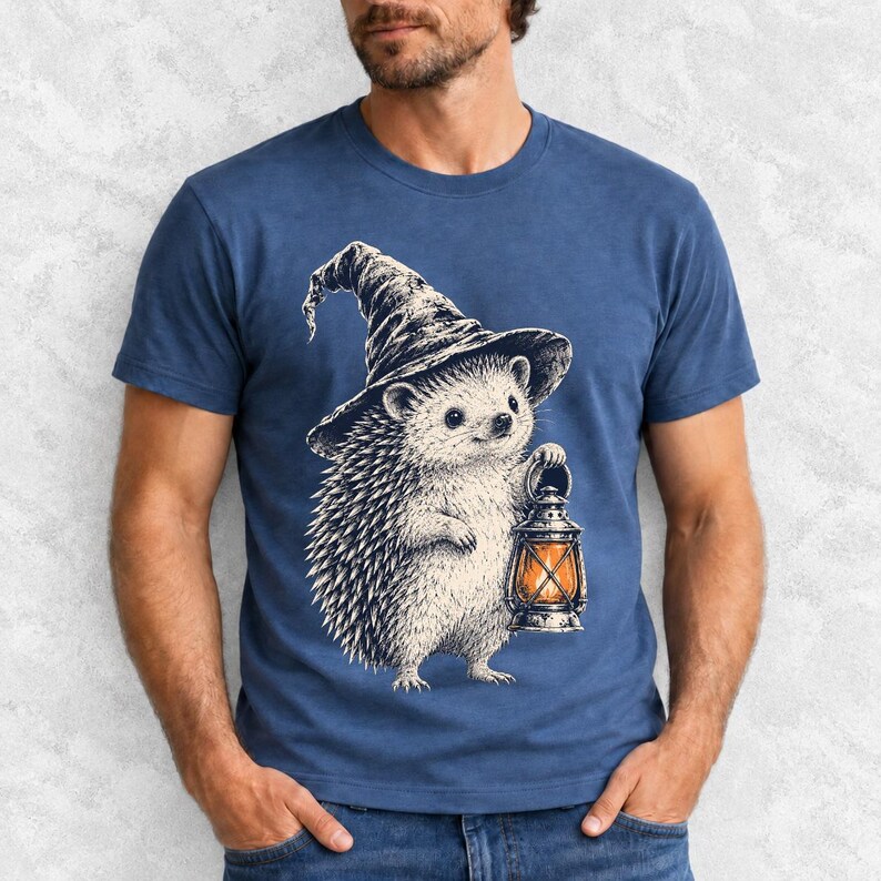 Etched pen illustration of a hedgehog in a witch hat holding a lantern, bone white with orange accent