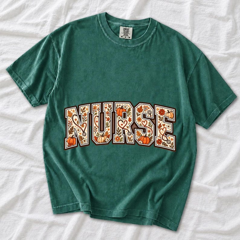 Arched varsity word NURSE filled with autumn leaves, stethoscopes and pumpkins in cream, rust and mustard