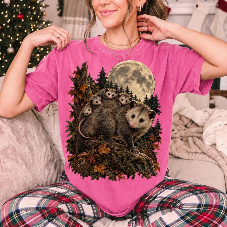 Mother opossum with babies on her back under a full moon and autumn leaves, dark realistic woodland illustration