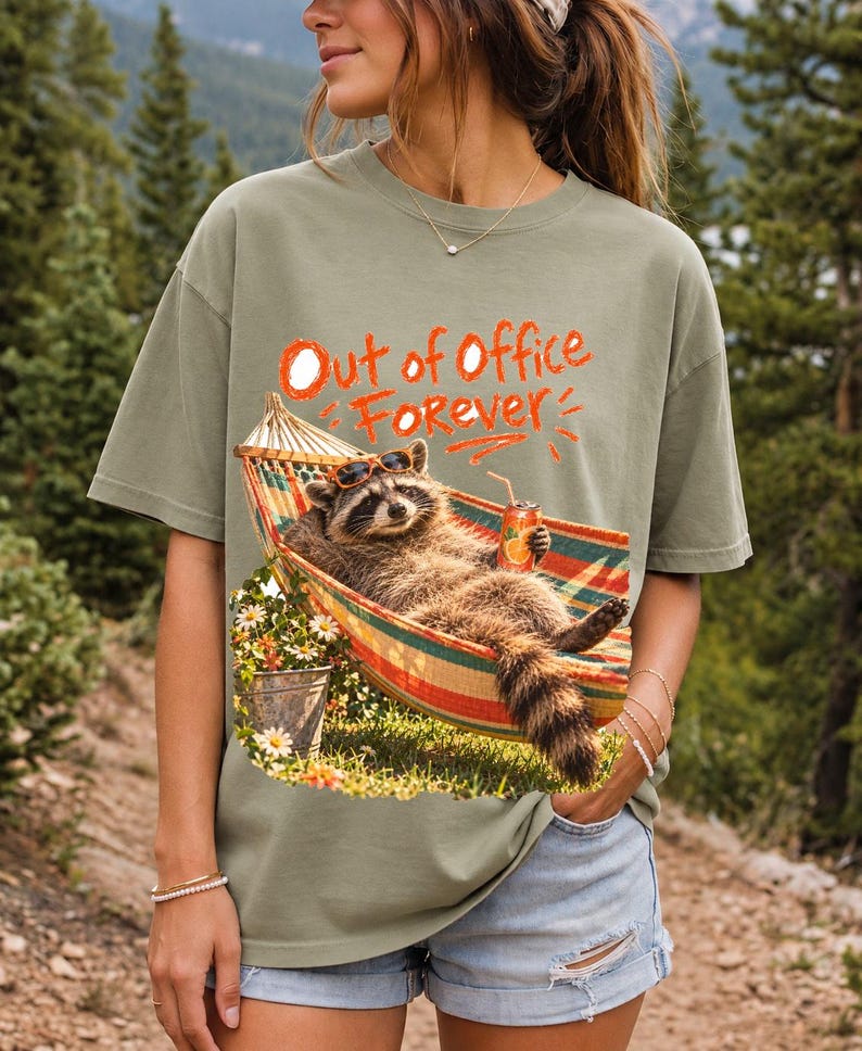 Raccoon relaxing in a hammock with a soda can and sunglasses, 90s film photo style, text "Out of Office Forever"