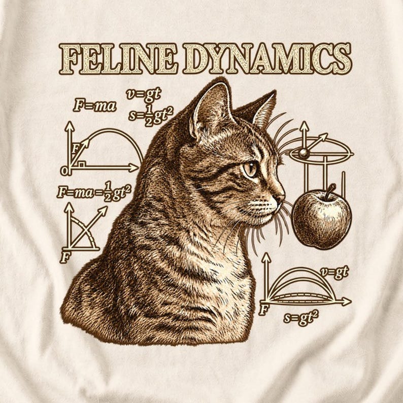 Comfort Colors Science Cat Shirt, Feline Dynamics Tee, Retro Physics Cat T-shirt, Physics Teacher Cat Tee, Engraved Tabby Cat Shirt
