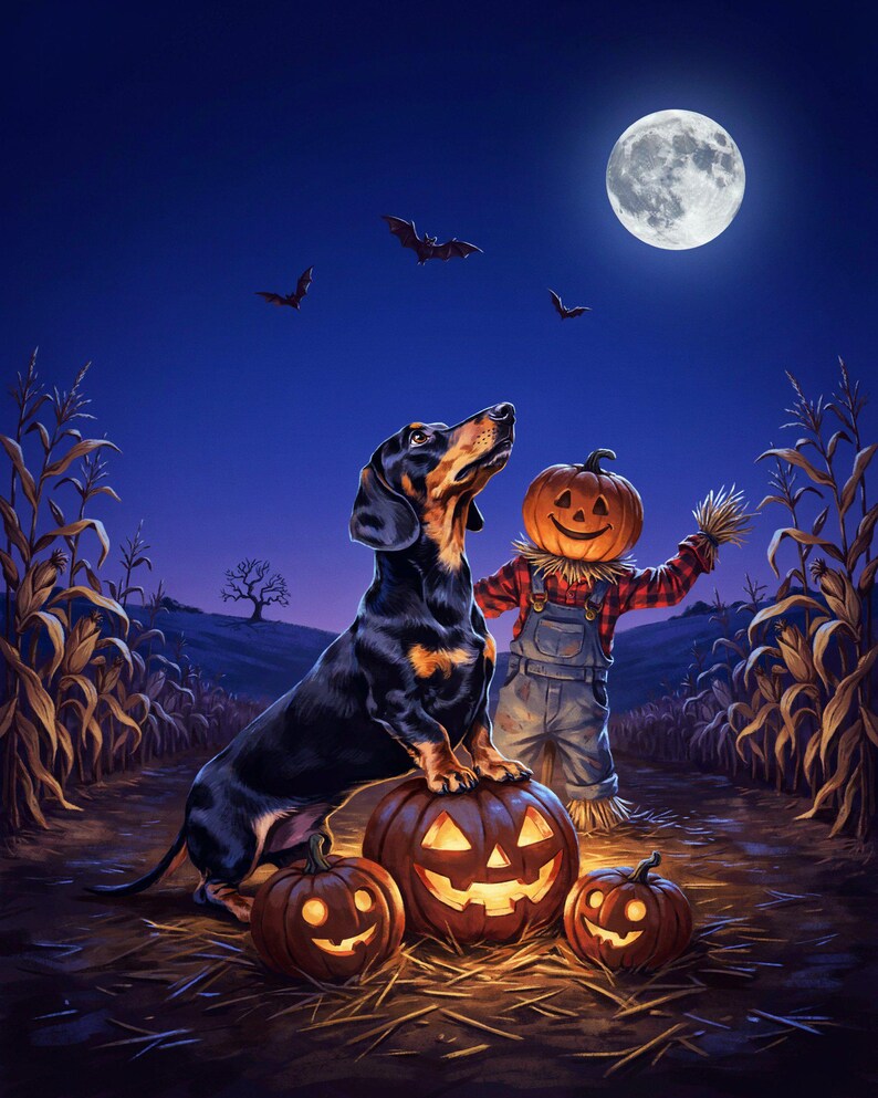 Dachshund Halloween Canvas, Moonlit Pumpkin Doxie Wall Art, Framed Wiener Dog Canvas, Spooky Dachshund Canvas Print image 5
