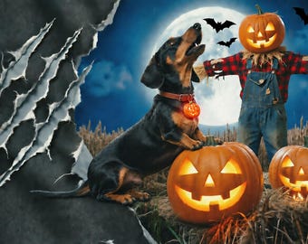 May include: A black and tan dachshund wearing a red collar with a glowing pumpkin charm, standing beside a large carved jack-o'-lantern. In the background, a scarecrow with a pumpkin head stands in a field under a full moon with flying bats.