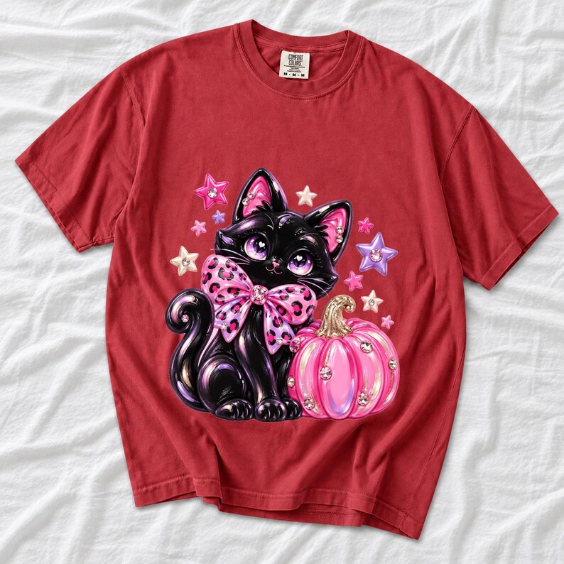 Puffy 3D black cat with a leopard bow beside a glossy pumpkin and stars in coquette style