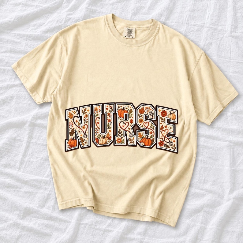 Arched varsity word NURSE filled with autumn leaves, stethoscopes and pumpkins in cream, rust and mustard