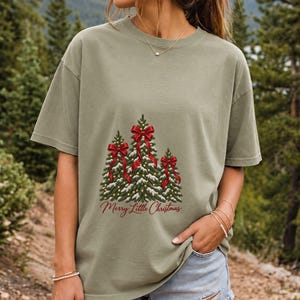 Comfort Colors Christmas Tree Bow Shirt, Coquette Christmas Tree Tee, Snowy Pine Tree T-shirt, Red Bow Christmas Shirt Women