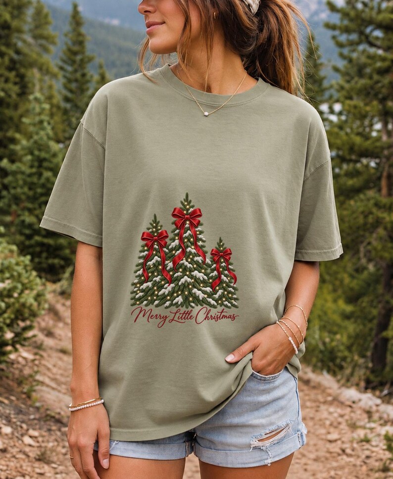 Comfort Colors Christmas Tree Bow Shirt, Coquette Christmas Tree Tee, Snowy Pine Tree T-shirt, Red Bow Christmas Shirt Women