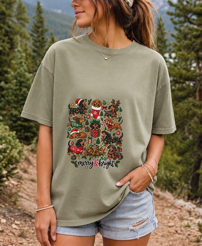 Comfort Colors Merry and Bright Dachshund Shirt, Christmas Doxie Tee, Cute Wiener Dog Christmas T-shirt, Dachshund Mom Holiday Shirt