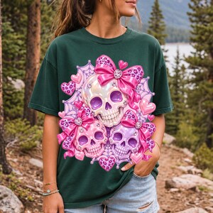 Puffy glossy 3D pink skulls with bows, hearts, cobwebs and rhinestones in coquette style
