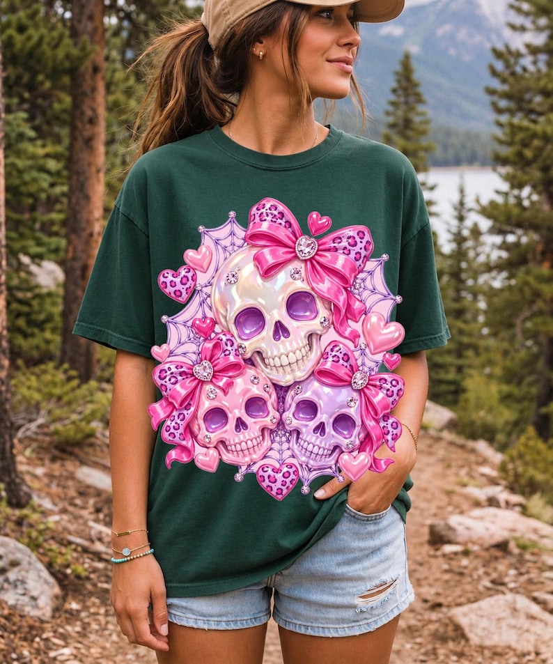 Puffy glossy 3D pink skulls with bows, hearts, cobwebs and rhinestones in coquette style