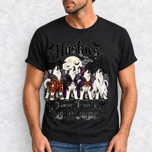 Four huskies in werewolf, vampire, witch and ghost costumes howling at the moon with text Huskies, Because Drama Is My Love L