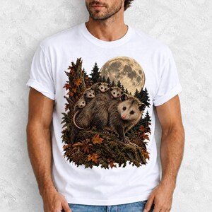 Mother opossum with babies on her back under a full moon and autumn leaves, dark realistic woodland illustration