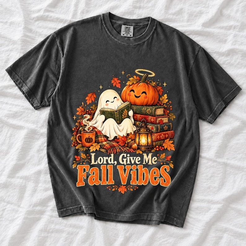Smiling pumpkin with a halo beside a stack of books and a lantern, text "Lord, Give Me Fall Vibes", retro fall illustration