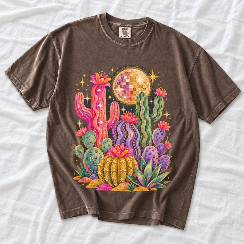 Retro 70s psychedelic glitter cacti with a disco ball moon in pink, mustard, violet and mint
