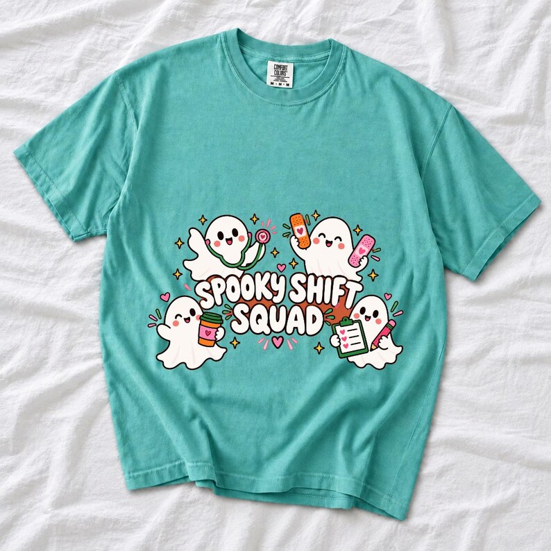 Four kawaii ghosts with stethoscope, bandages, coffee and clipboard, text Spooky Shift Squad