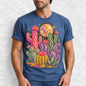 Retro 70s psychedelic glitter cacti with a disco ball moon in pink, mustard, violet and mint