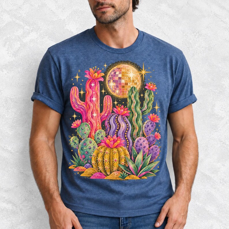 Retro 70s psychedelic glitter cacti with a disco ball moon in pink, mustard, violet and mint