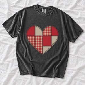 Comfort Colors Gingham Patchwork Heart Shirt, Red Heart Valentine Tee, Red Plaid Heart T-shirt, Valentines Day Heart Shirt Women
