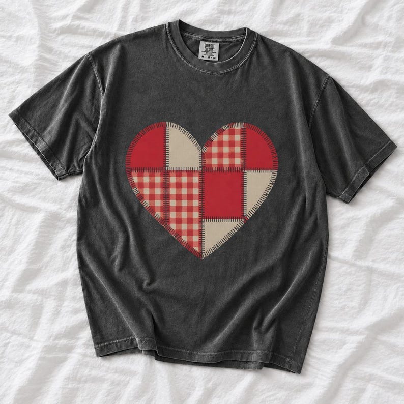 Comfort Colors Gingham Patchwork Heart Shirt, Red Heart Valentine Tee, Red Plaid Heart T-shirt, Valentines Day Heart Shirt Women