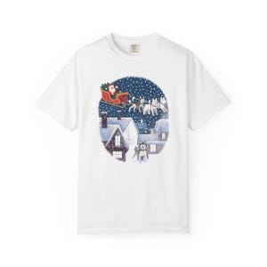 Comfort Colors Santa Sleigh Huskies Shirt, Christmas Village Husky Tee, Retro Santa Sled Dogs T-shirt, Husky Lover Holiday Shirt, Husky Tee — Printify product mockup