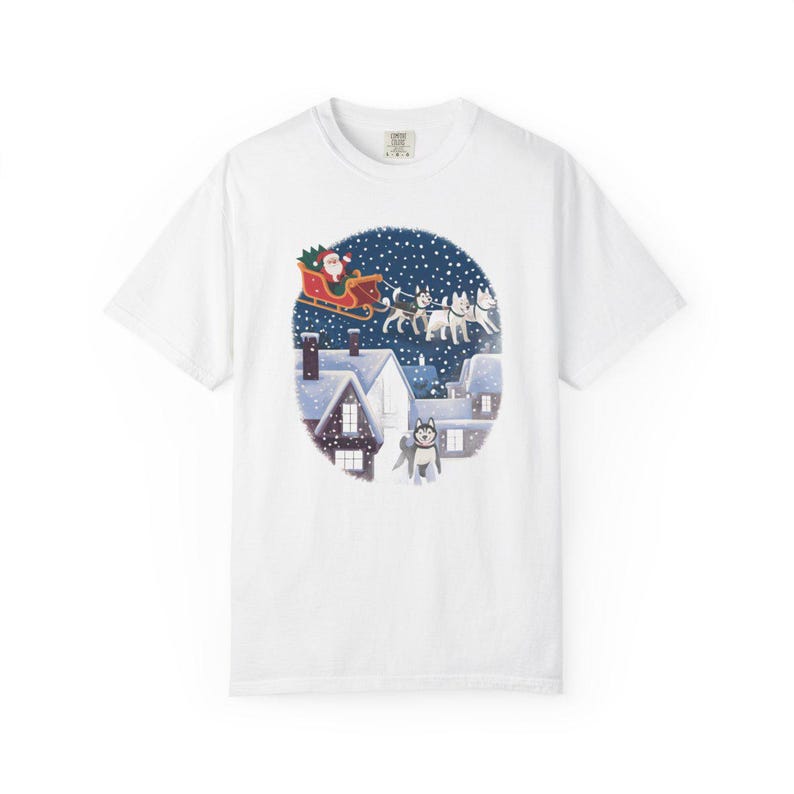 Comfort Colors Santa Sleigh Huskies Shirt, Christmas Village Husky Tee, Retro Santa Sled Dogs T-shirt, Husky Lover Holiday Shirt, Husky Tee — Printify product mockup
