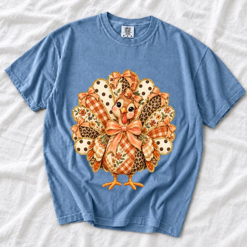 Turkey with patchwork fabric tail feathers decorated with bows on a cream and polka-dot stripe background