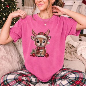 Comfort Colors Baby Reindeer Christmas Shirt, Cute Reindeer Santa Hat Tee, Christmas Reindeer T-shirt, Plaid Reindeer Holiday Shirt