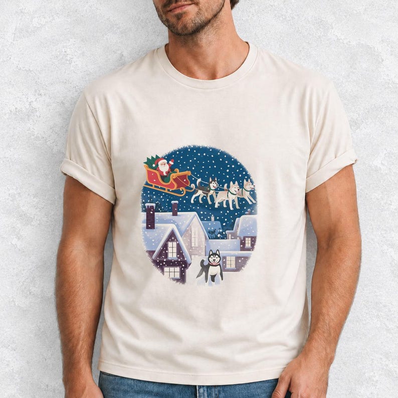 Comfort Colors Santa Sleigh Huskies Shirt, Christmas Village Husky Tee, Retro Santa Sled Dogs T-shirt, Husky Lover Holiday Shirt, Husky Tee