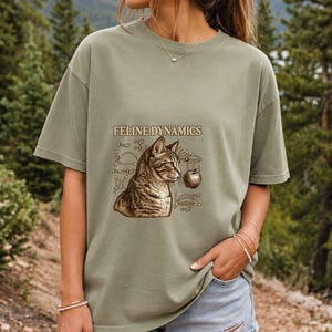 Comfort Colors Science Cat Shirt, Feline Dynamics Tee, Retro Physics Cat T-shirt, Physics Teacher Cat Tee, Engraved Tabby Cat Shirt