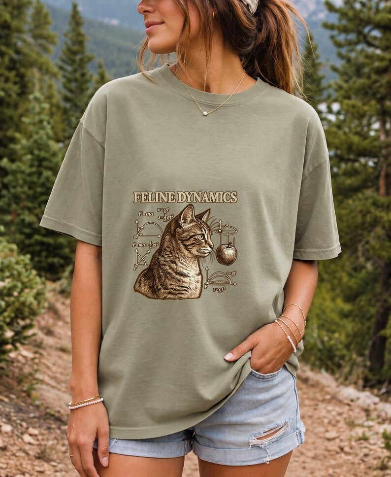 Comfort Colors Science Cat Shirt, Feline Dynamics Tee, Retro Physics Cat T-shirt, Physics Teacher Cat Tee, Engraved Tabby Cat Shirt