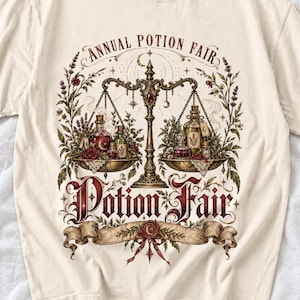 Vintage poster style apothecary scale with potion bottles and a ribbon banner reading Annual Potion Fair