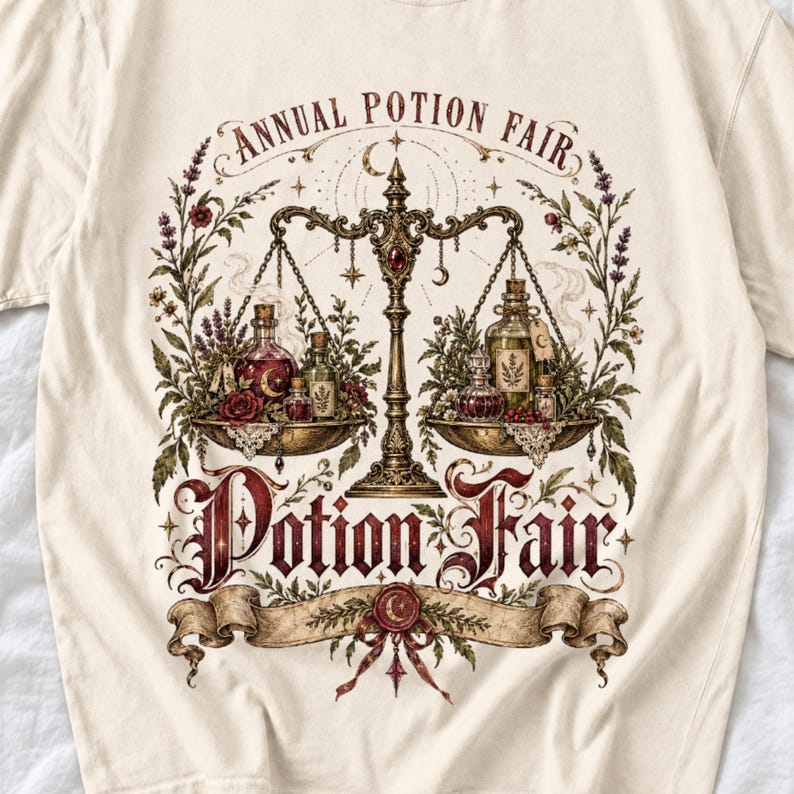 Vintage poster style apothecary scale with potion bottles and a ribbon banner reading Annual Potion Fair