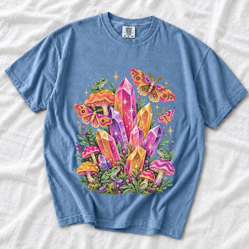 Retro 70s psychedelic glitter crystal cluster with moths and small frogs in pink, mustard, violet and mint