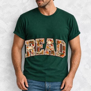 Arched varsity word READ filled with tiny books and autumn leaves in cream, rust and mustard