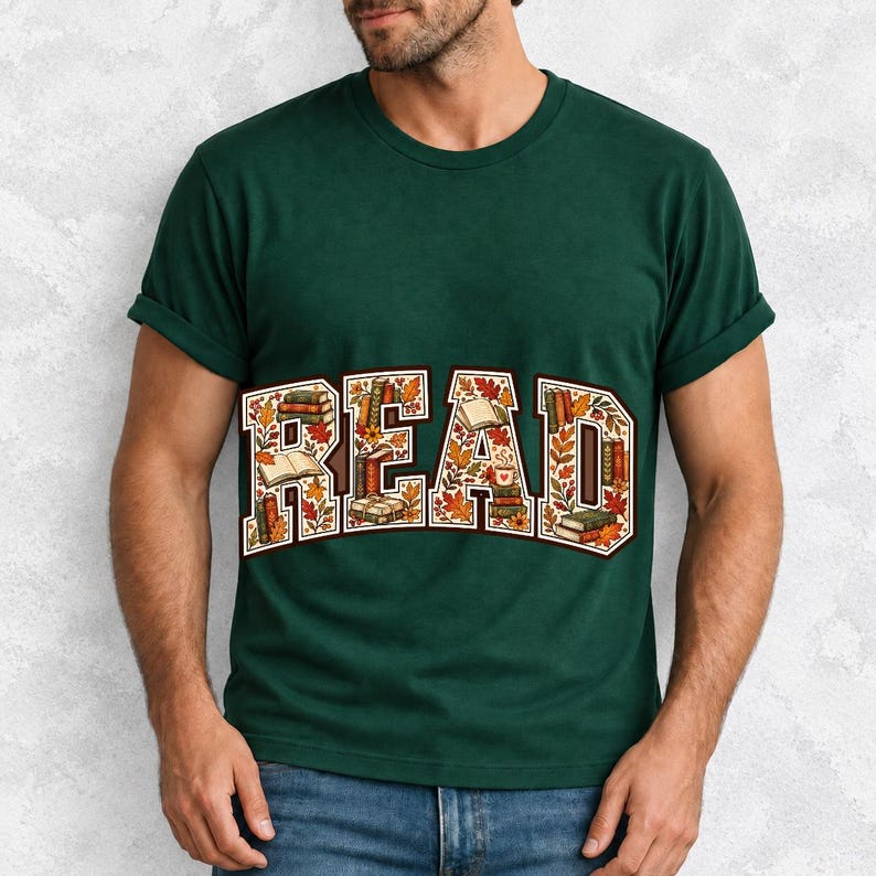 Arched varsity word READ filled with tiny books and autumn leaves in cream, rust and mustard