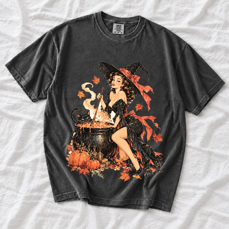 Retro 1950s pin-up witch winking while stirring a cauldron with a black cat peeking over the rim, autumn leaves