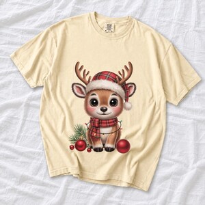 Comfort Colors Baby Reindeer Christmas Shirt, Cute Reindeer Santa Hat Tee, Christmas Reindeer T-shirt, Plaid Reindeer Holiday Shirt