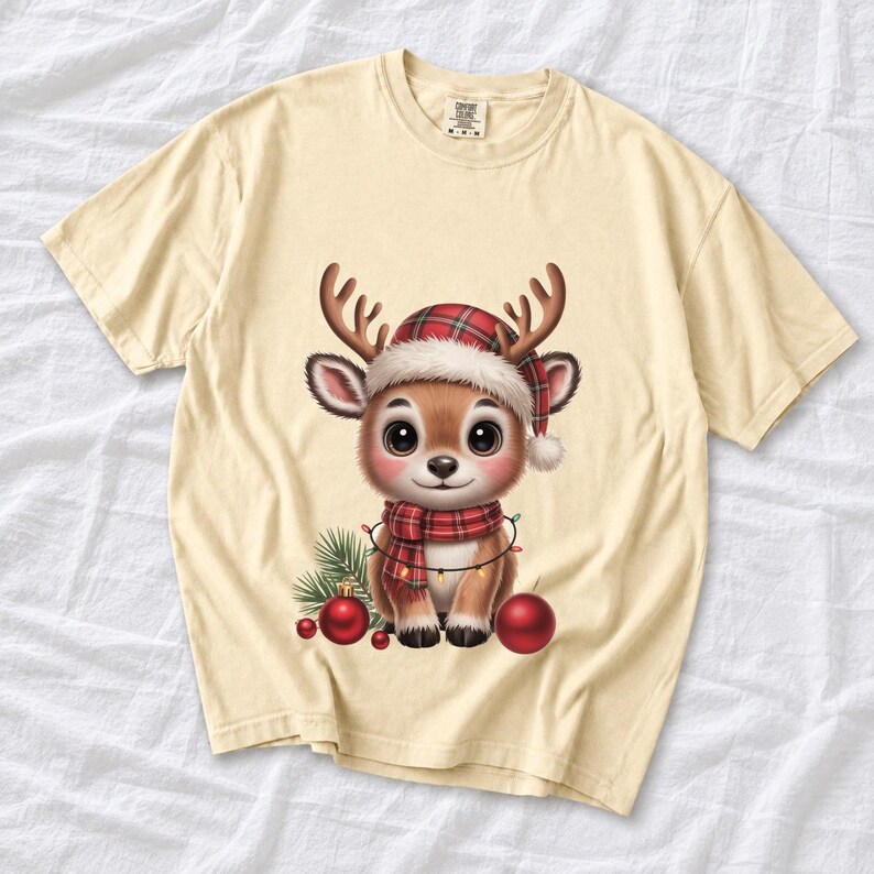 Comfort Colors Baby Reindeer Christmas Shirt, Cute Reindeer Santa Hat Tee, Christmas Reindeer T-shirt, Plaid Reindeer Holiday Shirt
