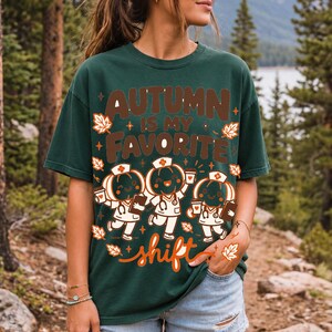 Cute pumpkin characters in nurse caps with clipboards and coffee, text Autumn Is My Favorite Shift