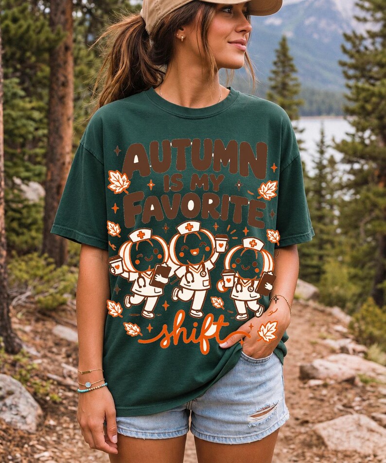 Cute pumpkin characters in nurse caps with clipboards and coffee, text Autumn Is My Favorite Shift