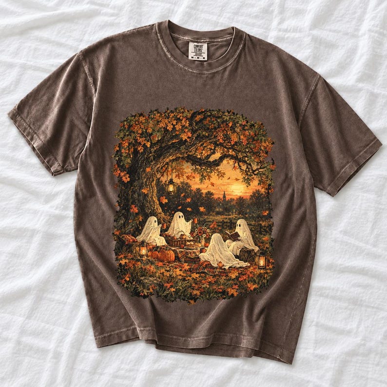 Vintage oil painting of sheet ghosts having a picnic under oak trees with falling autumn leaves at golden hour