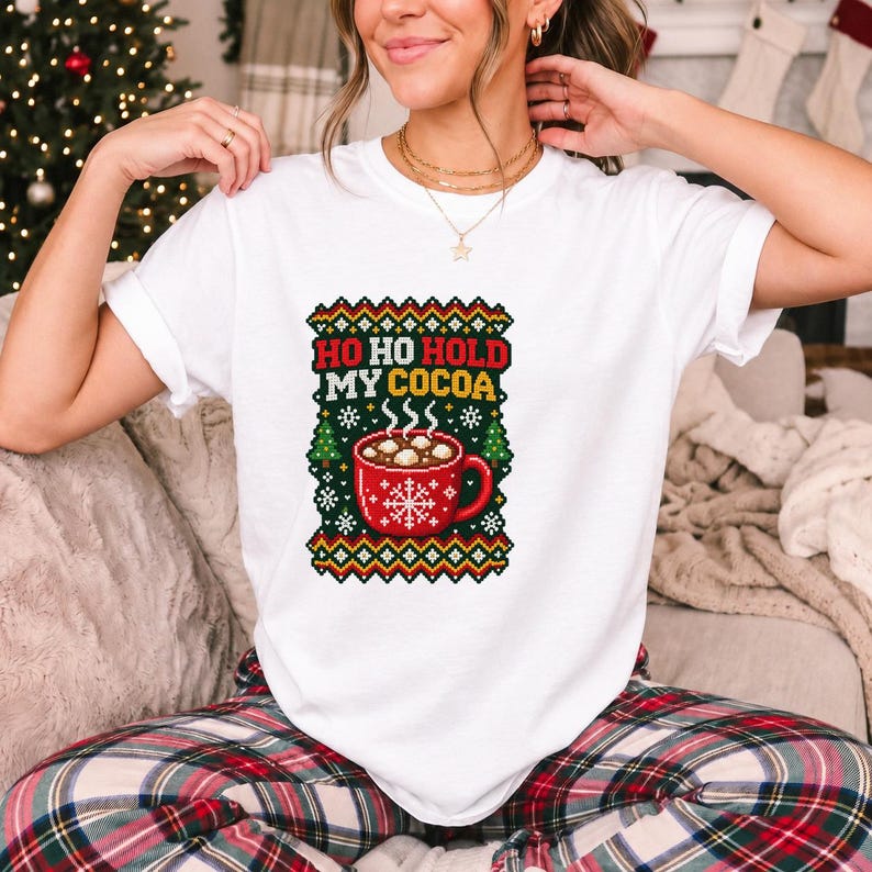 Comfort Colors Ho Ho Hold My Cocoa Shirt, Ugly Christmas Sweater Tee, Funny Hot Cocoa Christmas T-shirt, Cocoa Lover Holiday Shirt