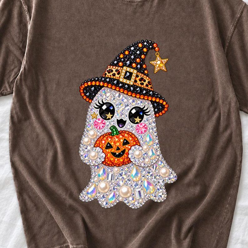 Cute Witch Ghost Shirt, Faux Rhinestone by AeroBeloved
