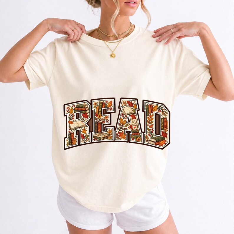 Arched varsity word READ filled with tiny books and autumn leaves in cream, rust and mustard