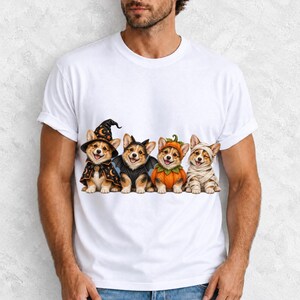 Realistic illustration of four corgi puppies in wizard, bat, pumpkin and mummy costumes in a row