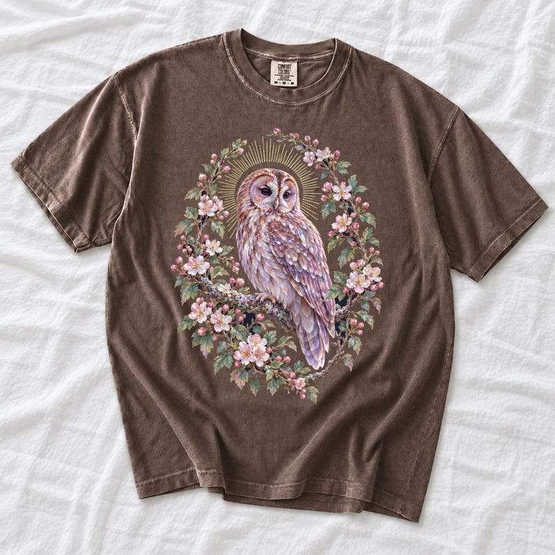 Tawny Owl Shirt, Floral Owl Tee, Comfort Colors Owl Lover T-shirt, Retro Wildflowers Owl Shirt, Women Owl Tee Gift image 9