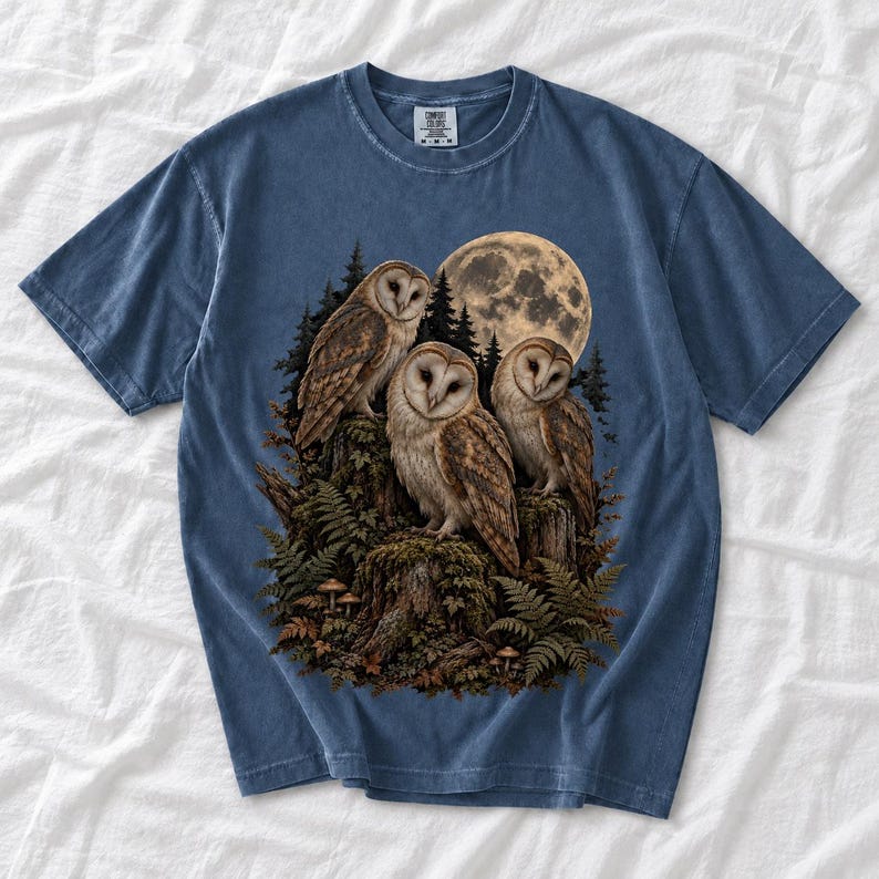 Three barn owls on a mossy stump under a huge full moon with ferns and mushrooms, dark realistic forest illustration