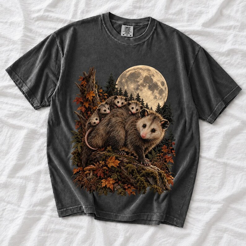 Mother opossum with babies on her back under a full moon and autumn leaves, dark realistic woodland illustration