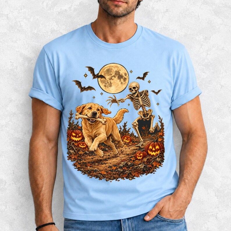 A skeleton chasing a golden labrador that stole its arm bone under a full moon with jack o lanterns and bats