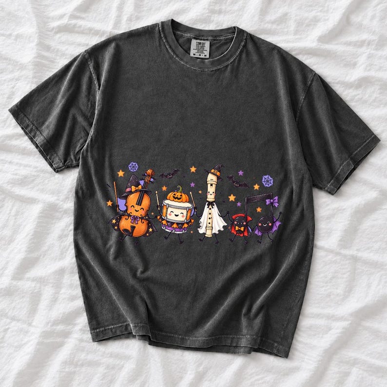 Kawaii violin, drum, recorder and notes with faces in Halloween costumes, pastel purple and orange